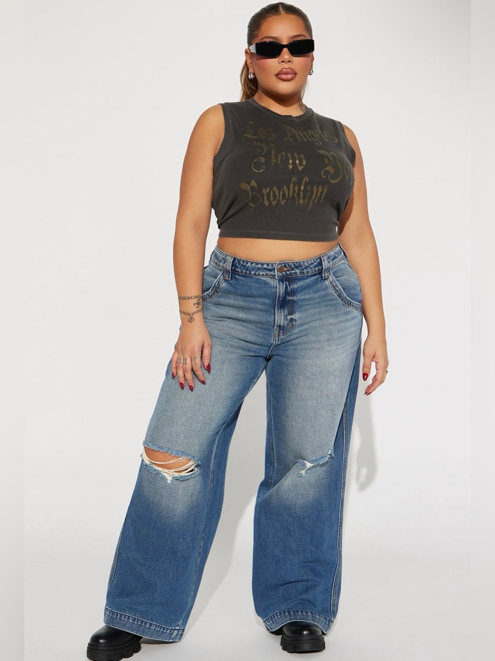 Wide Leg Distressed Blue Jeans - Classic Medium Wash